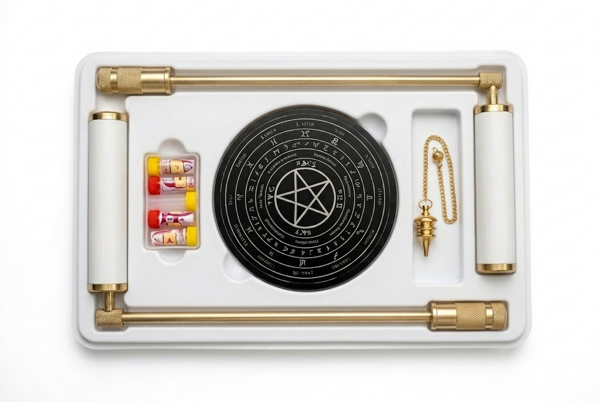 Brass L-rods, pendulum, dowsing board and sample vials in a white case on white