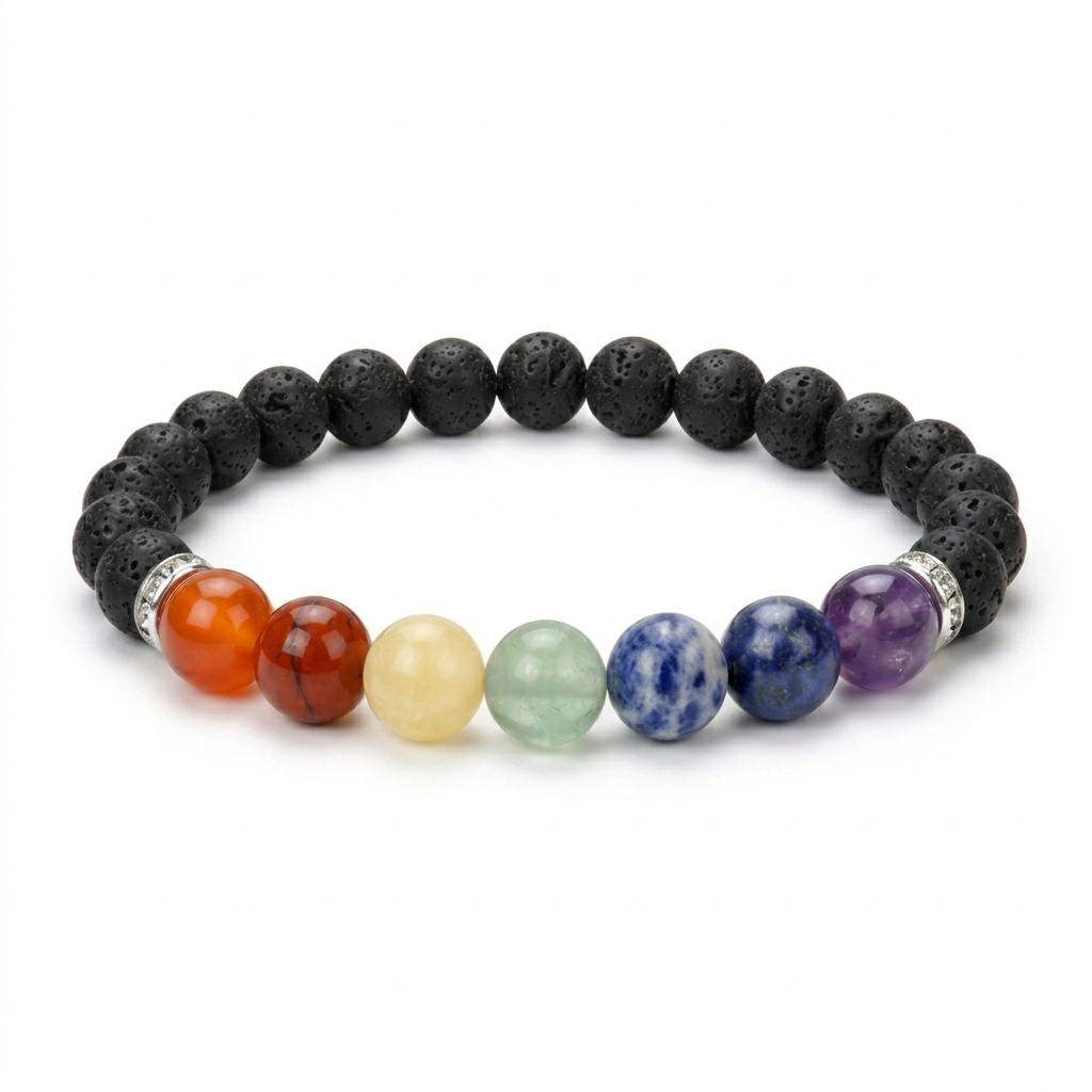 7 chakra lava crystal bracelet in a close white-background bead view