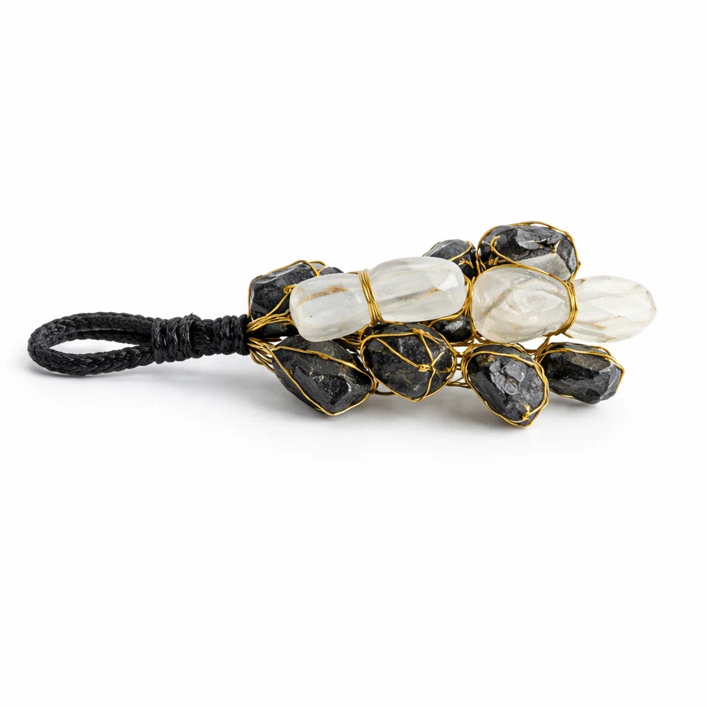 Black tourmaline & selenite dual crystal chunk shown as a full product view with white space around it