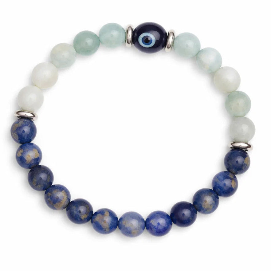 Beaded bracelet with blue and white beads on a white background