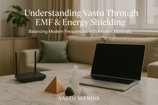 Copper pyramid, black tourmaline, and selenite beside laptop — Vastu Mandir modern EMF protection décor