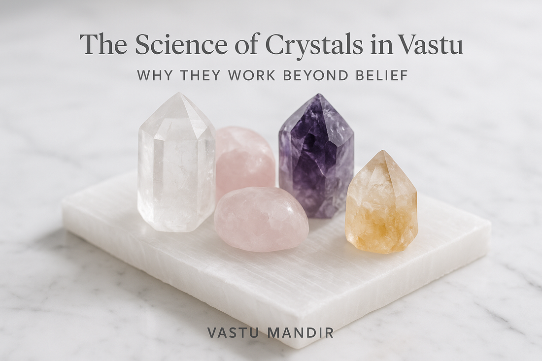 Premium assortment of Vastu crystals arranged on a selenite slab in soft daylight — clear quartz, amethyst, rose quartz, citrine.