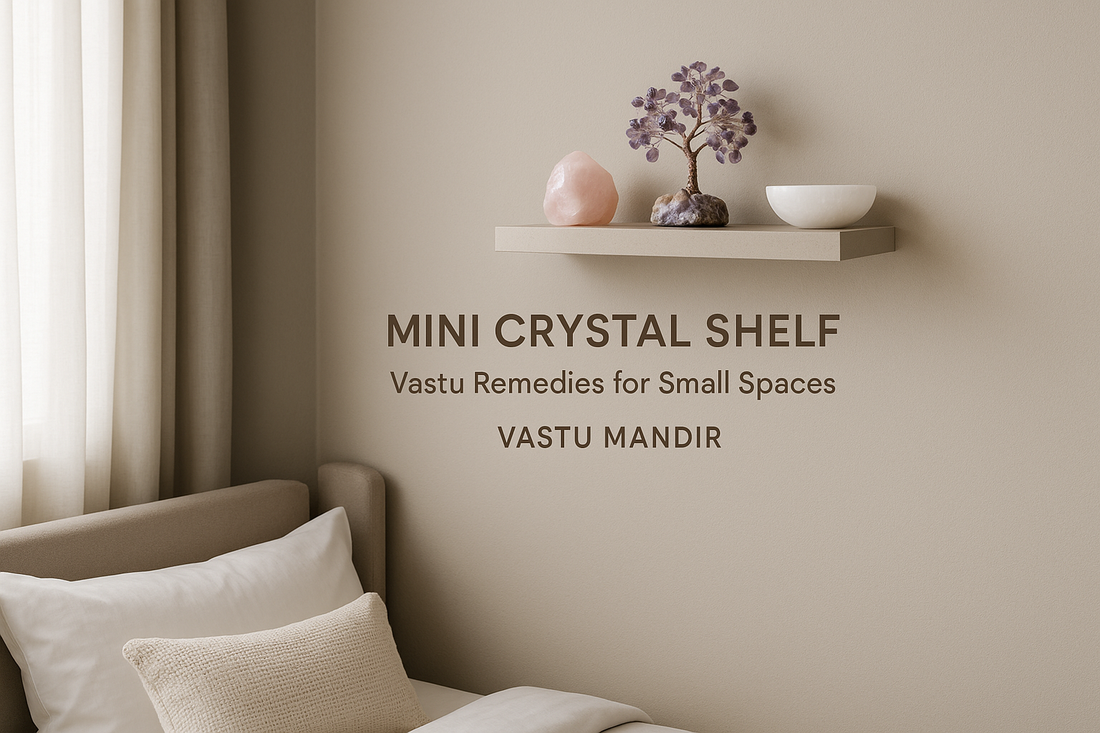 Mini crystal healing shelf in a neutral luxury interior with Rose Quartz, Selenite, and Citrine arranged for Vastu remedies.