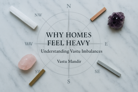 Vastu compass showing energetic imbalance remedies: Copper, Brass, Steel rods and Vastu crystals for directional correction and home energy Vastu Remedy, featuring Vastu Mandir Branding.