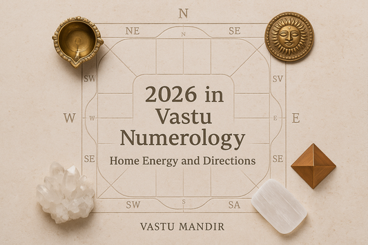 Top-down Vastu grid flat lay with brass and crystals for 2026 numerology and direction insights.