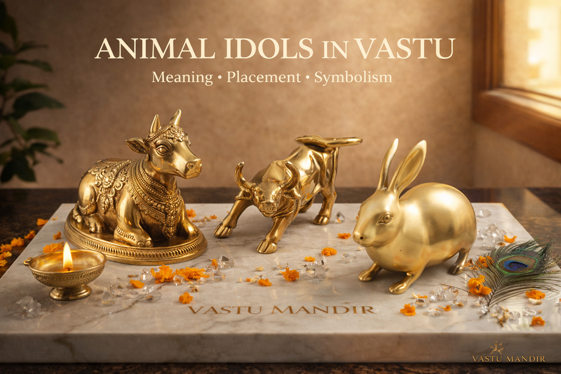 Two brass rabbit idols placed on a polished white marble slab engraved subtly with “Vastu Mandir”.