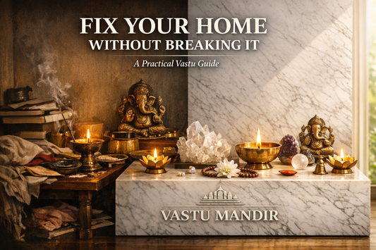Scene: Modern Indian home interior showing transformation.  Left side: slightly cluttered, dim corner  Right side: clean, balanced space with marble slab, diya, crystals  Foreground: subtle Vastu Mandir engraving on marble