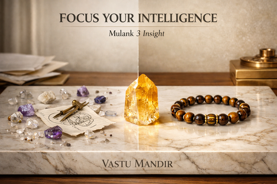 Represent scattered knowledge transforming into focused direction using Vastu remedies.  Scene: A refined marble slab with subtle “Vastu Mandir” engraving.