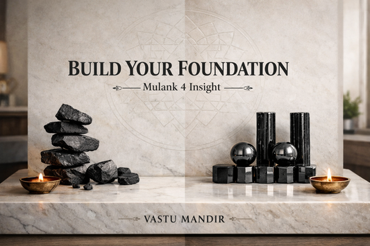 Represent instability transforming into strong stable foundation using Vastu remedies.  Scene: A refined marble slab with subtle “Vastu Mandir” engraving.