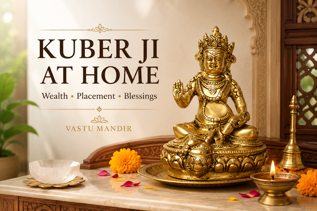 Brass Kuber Ji idol with diya, bell, flowers, and clean sacred tray in a Vastu-aligned Indian home mandir.