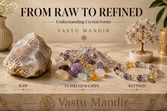 Raw crystal, crystal chips, polished bracelet, and crystal tree displayed on luxury marble to explain different crystal product forms.