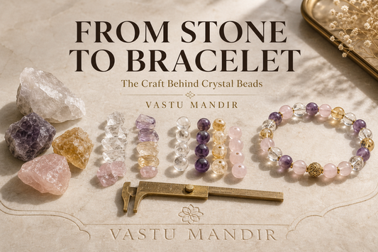 Crystal bracelet making process showing raw stones, polished beads, and finished bracelet on a luxury marble surface.