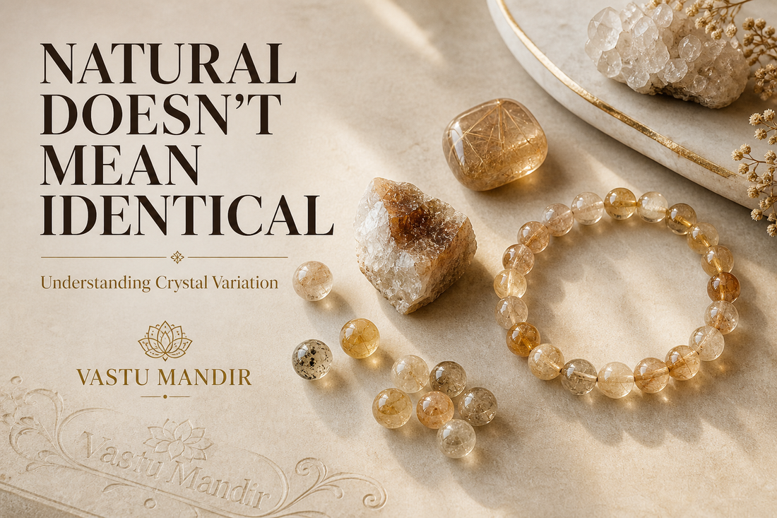 Natural crystal beads, raw stones, and polished bracelet showing color variation, inclusions, and natural crystal marks on a luxury stone surface.