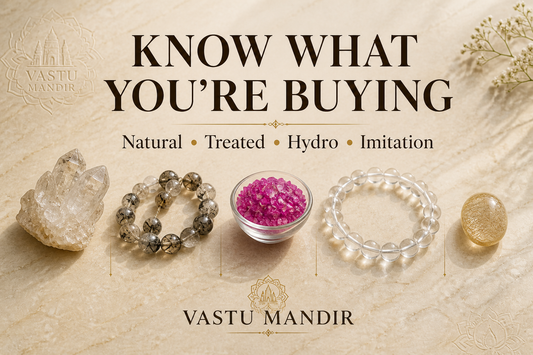 Natural raw crystal, polished beads, dyed chips, and hydro quartz bracelet displayed on a luxury stone surface to explain treated vs natural crystals.