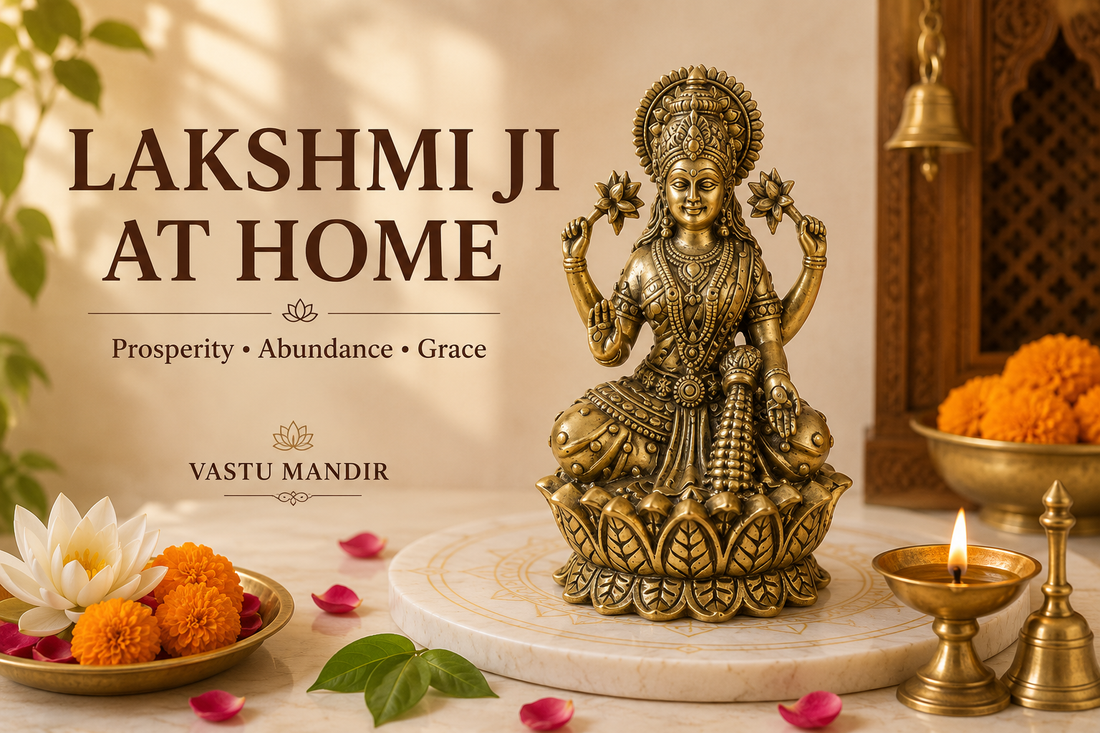 Brass Lakshmi Ji idol with diya, bell, flowers, and clean sacred tray in a Vastu-aligned Indian home mandir.