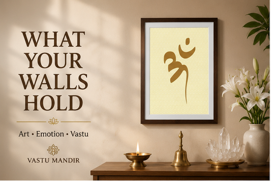 Vastu wall art in a modern Indian living room with lotus painting, sunrise artwork, brass diya, crystal bowl, and healthy plant on a premium console.