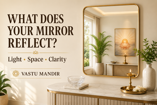 Vastu mirror placement in a modern Indian home with mirror reflecting natural light, green plant, lotus artwork, brass diya, and crystal bowl.
