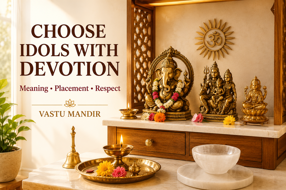 Clean Vastu home mandir with Ganesha, Shiva, Lakshmi, brass diya, bell, flowers, sacred tray, and warm devotional lighting.