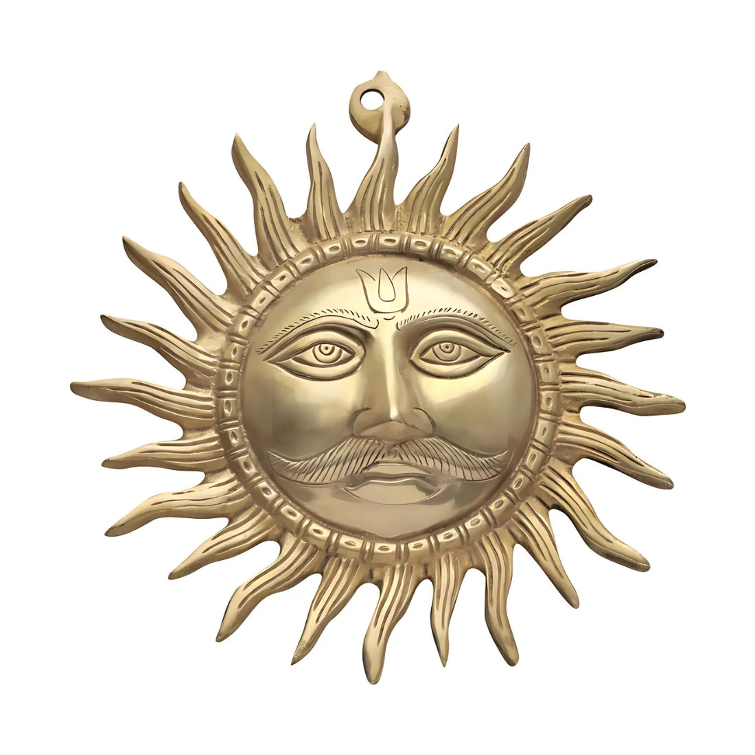 Large brass Surya wall hanging front view isolated on white background