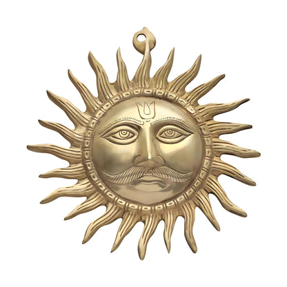 Large brass Surya wall hanging front view isolated on white background