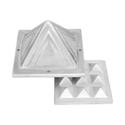 Two-layer aluminium Vastu pyramid shown with the upper and lower sections offset on a white background