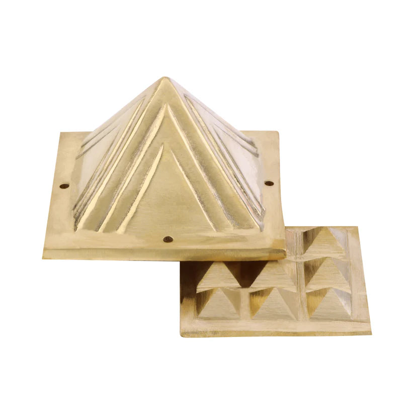 Two-layer brass Vastu pyramid shown with the upper and lower sections offset on a white background