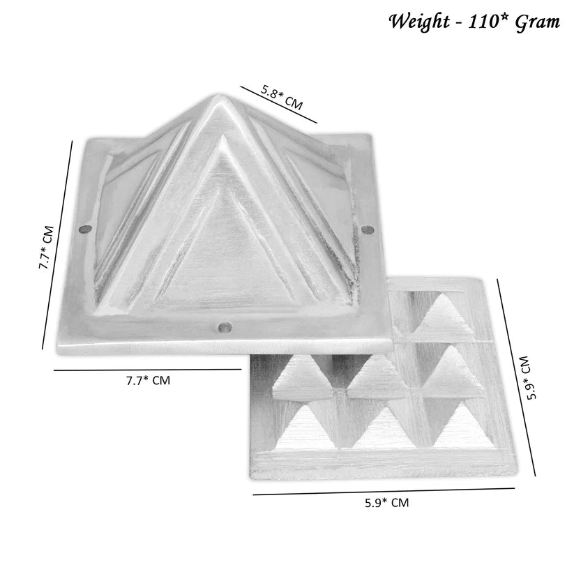 Aluminium pyramid size graphic showing 7.7 cm upper layer, 5.9 cm lower layer and 110 g weight