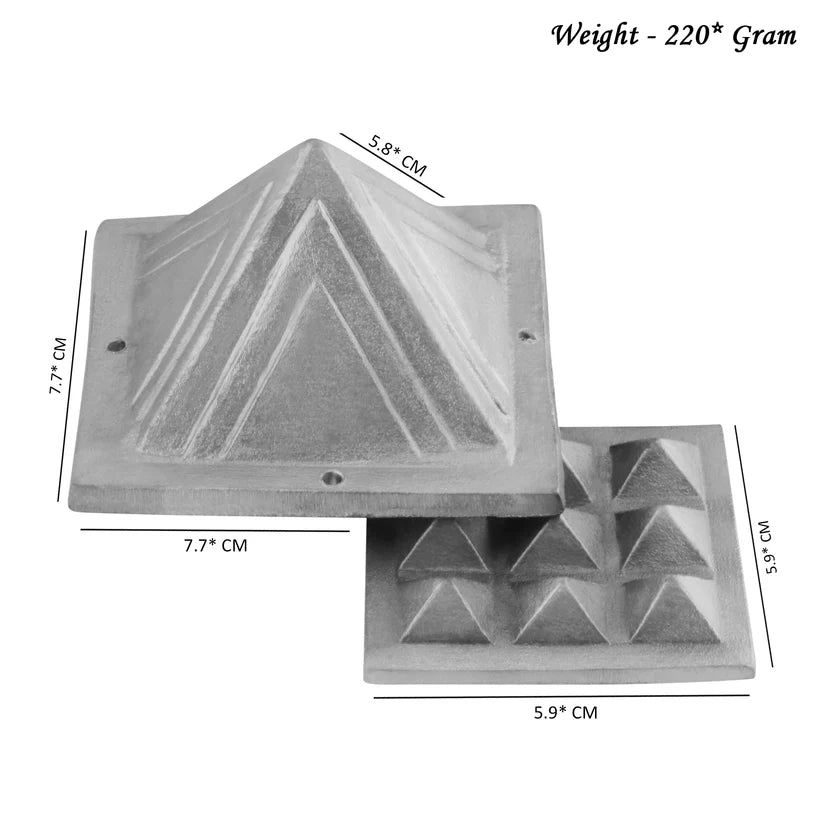 Zinc pyramid size graphic showing 7.7 cm upper layer, 5.9 cm lower layer and 220 g weight