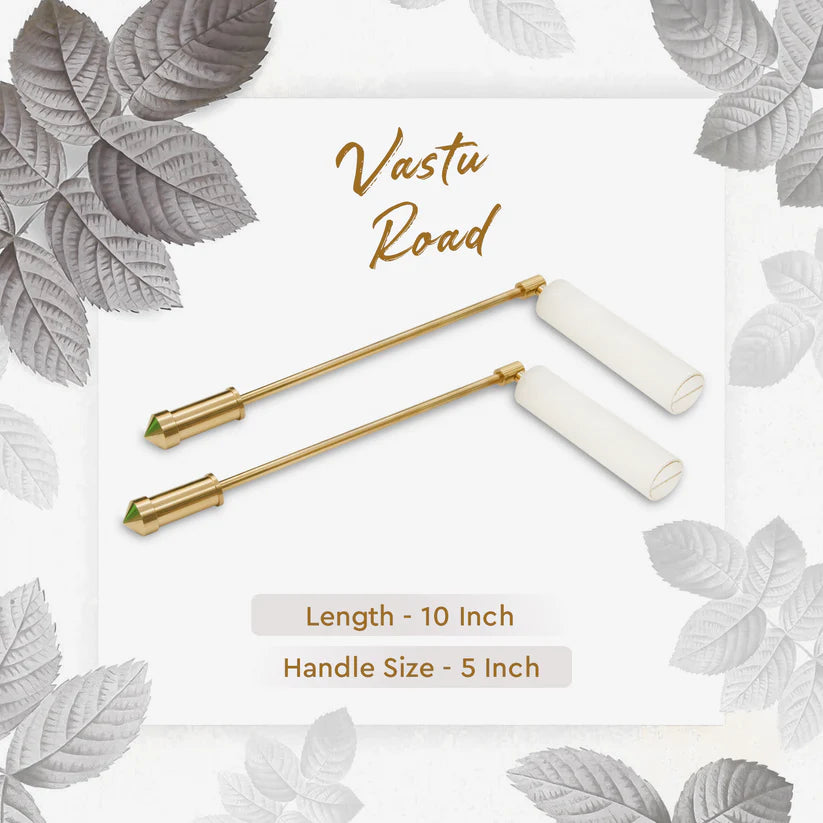 Brass dowsing rod size graphic showing 10-inch rods and 5-inch white handles