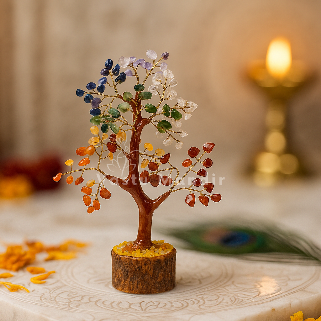 Seven chakra crystal tree displayed in a softly lit product setting