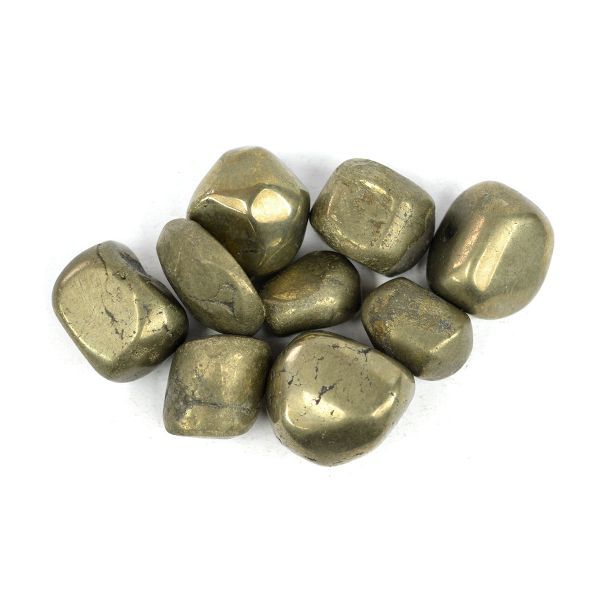 Muted bronze pyrite stones with blocky polished shapes on a white background