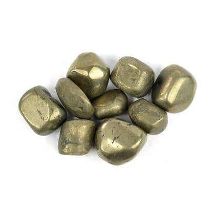 Muted bronze pyrite stones with blocky polished shapes on a white background