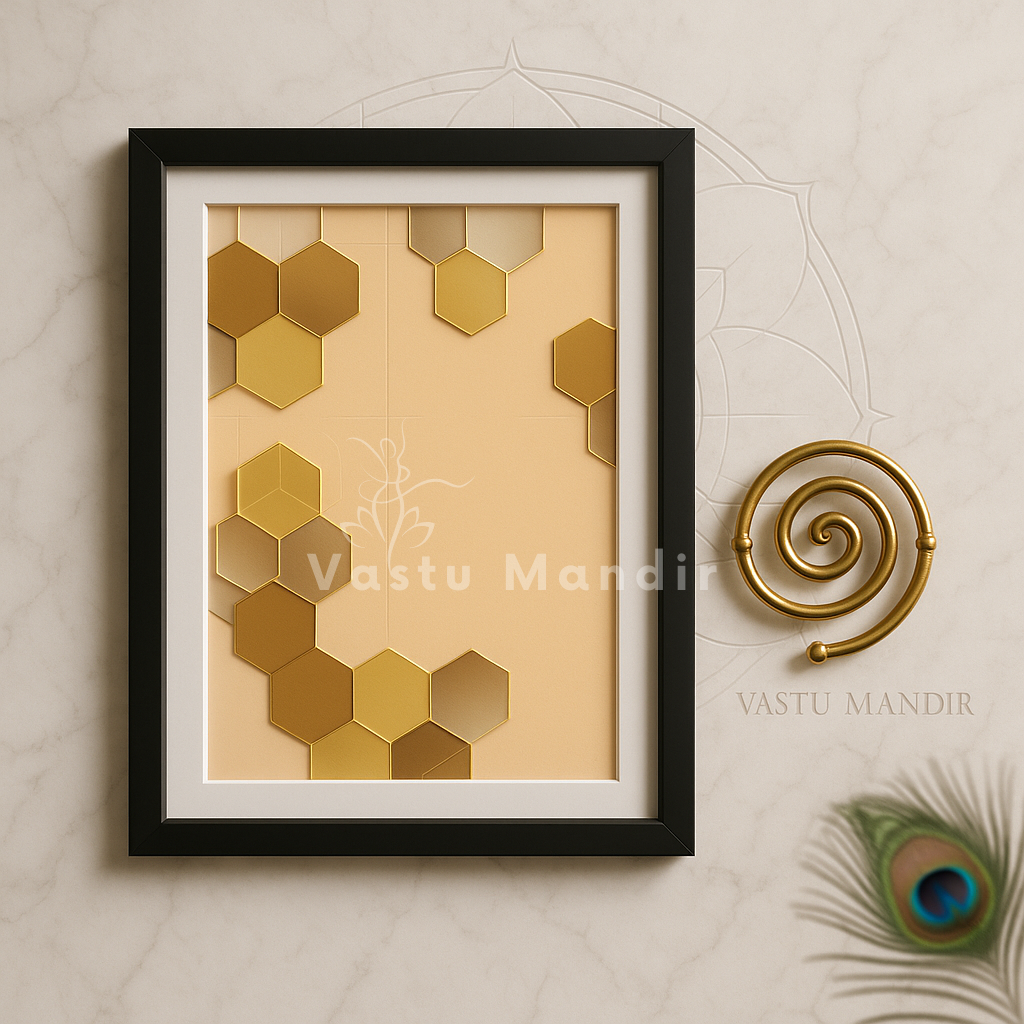 Hexagon honeycomb wall art shown as framed artwork in a styled room
