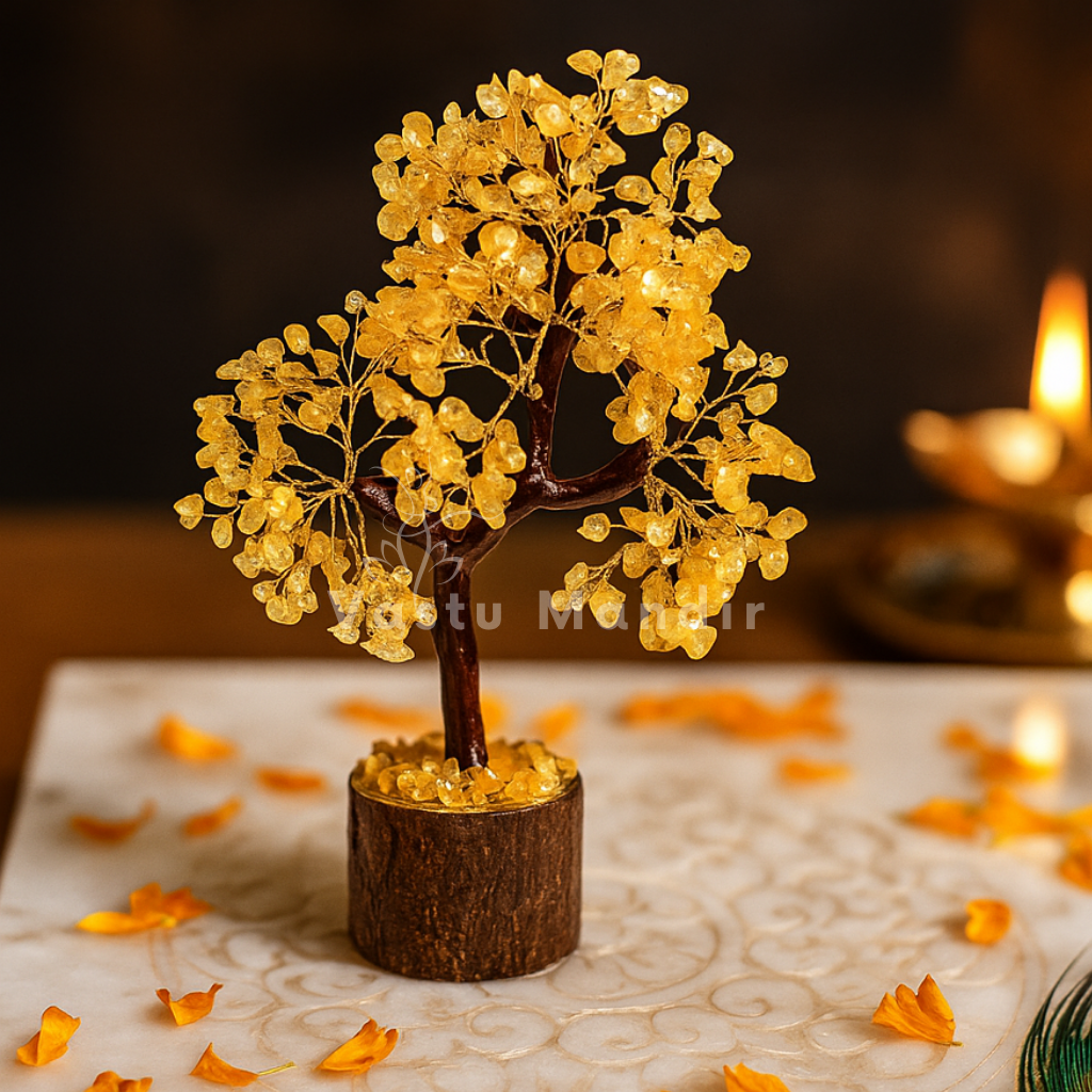 Citrine money tree displayed in a dark, softly lit spiritual setting