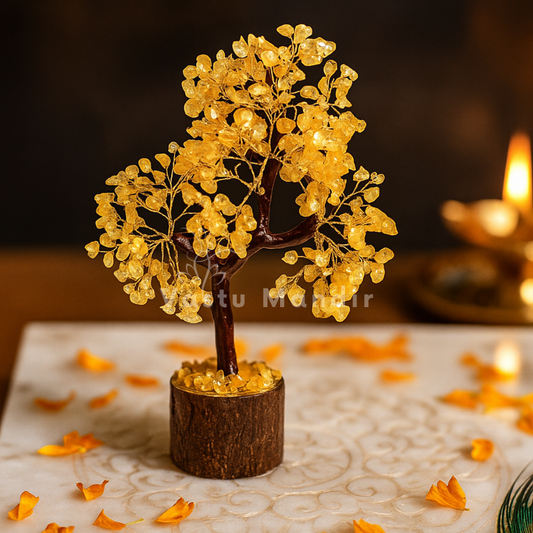 Citrine money tree displayed in a dark, softly lit spiritual setting