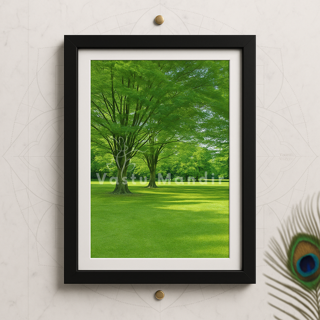 Green park scene wall art shown as framed artwork in a styled room