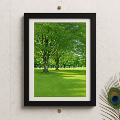 Green park scene wall art shown as framed artwork in a styled room