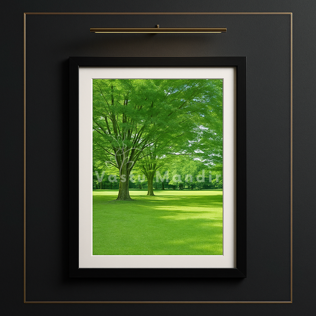 Green park scene wall art displayed on a wall in an interior setting
