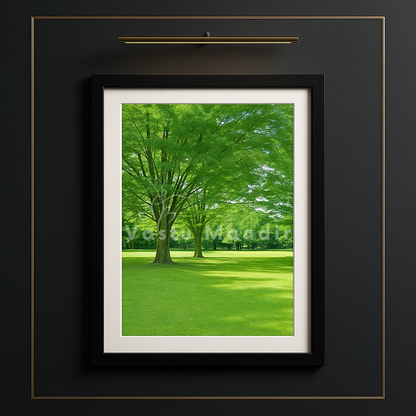 Green park scene wall art displayed on a wall in an interior setting