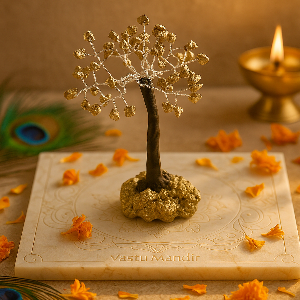 Decorative gold tree on a Vastu Mandir with flowers and a lit lamp in the background