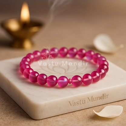 Natural dark pink aura quartz crystal bracelet shown in a second hand-held product view