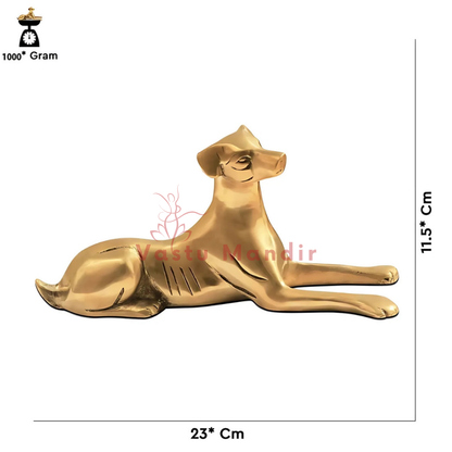 Reclining brass dog idol dimension diagram showing 23 cm length and 11.5 cm height