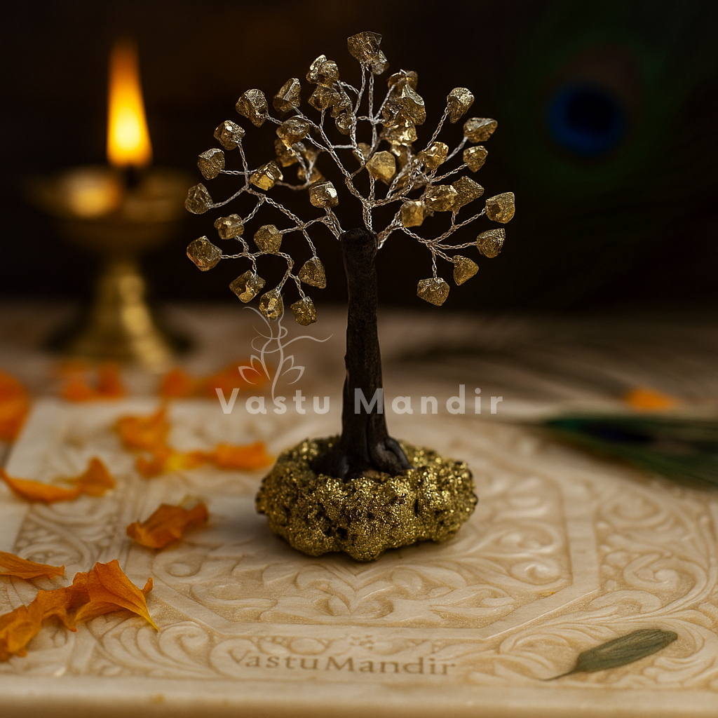 Golden pyrite crystal bonsai tree on wooden base used for North Zone Vastu correction and cash flow stabilization.

