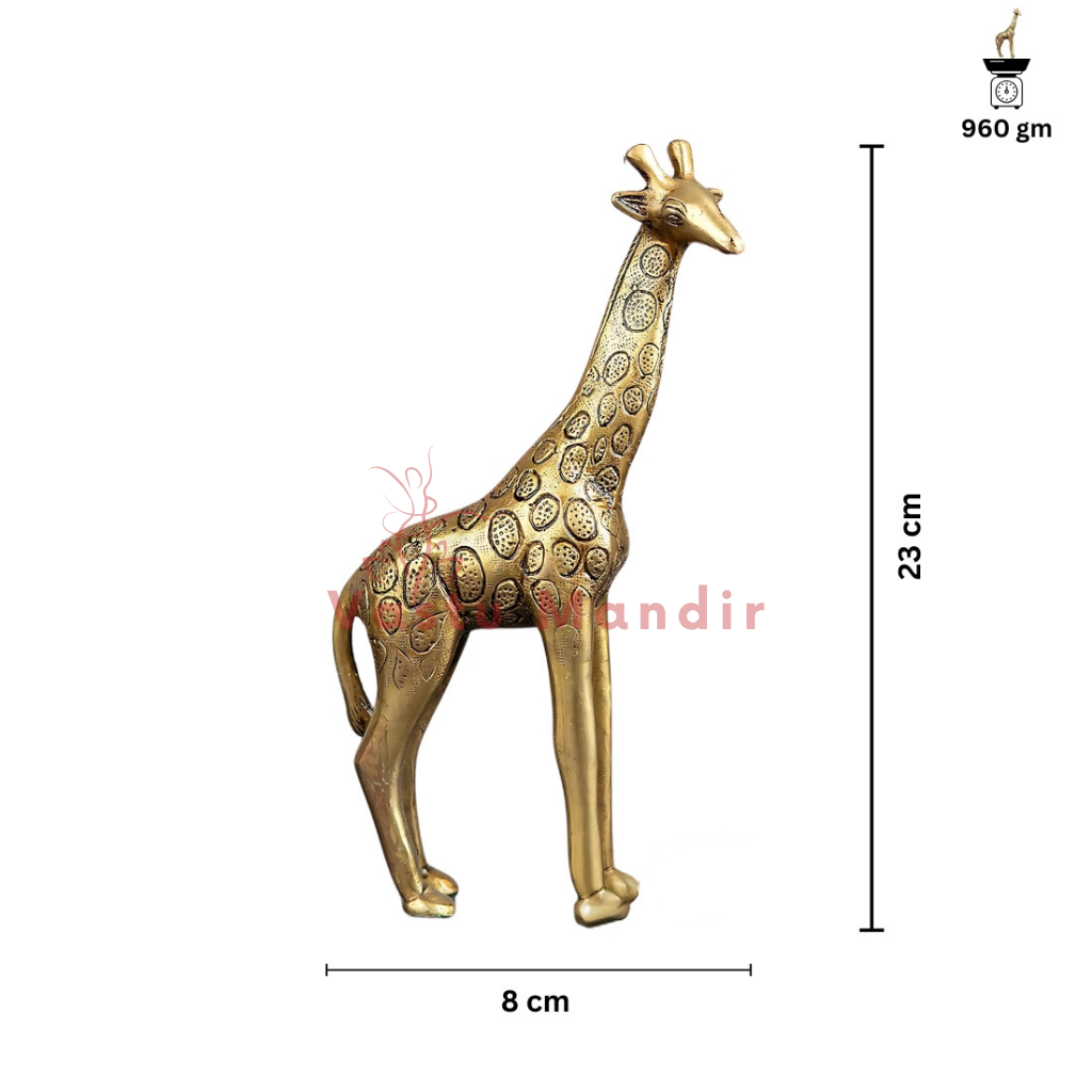 Brass giraffe idol dimension diagram showing 23 cm height, 8 cm width and 950 g weight