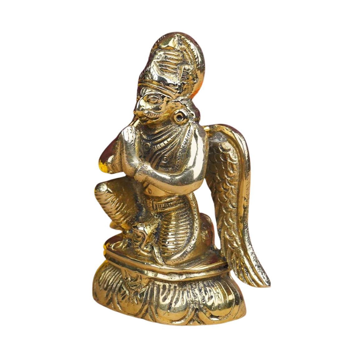 Brass Lord Garud Dev Ji idol front-left view isolated on white background