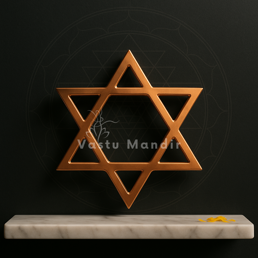 Copper star helix displayed against a black background on a white ledge