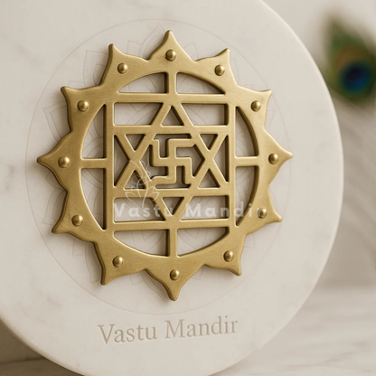 Brass Kamal Satiya wall symbol front view on a sacred marble plate
