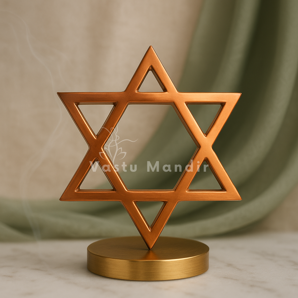 Copper star helix on a round stand against a soft green draped background