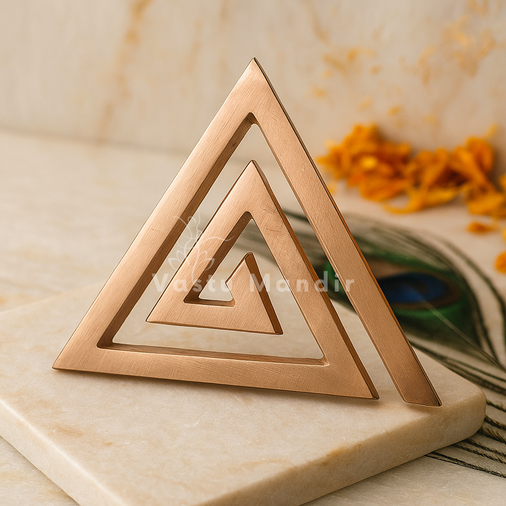 Side view of the copper triangle helix standing on a stone surface
