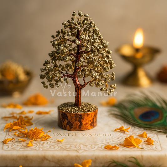 Pyrite Vastu Tree on a marble surface with 'Vastu Mandir' branding.